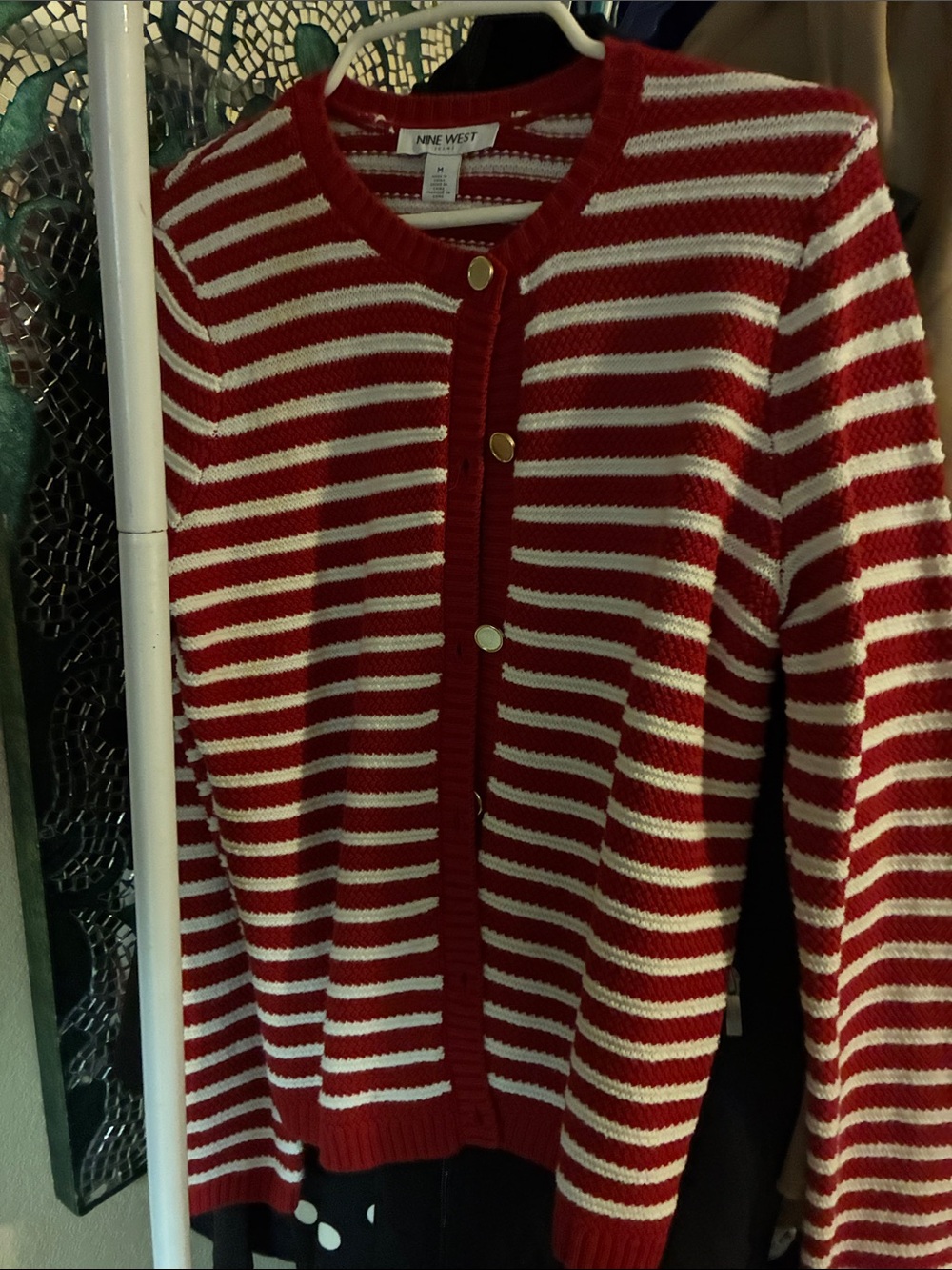 Nine West Red and White Striped Button-Front Cardigan